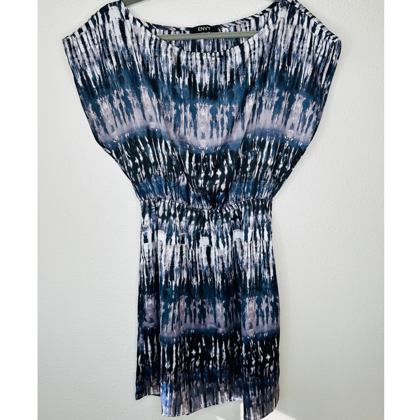 Envy Muted Steel Blue White Black Tie Dye Print Boat Neck Cinched Waist Dress M