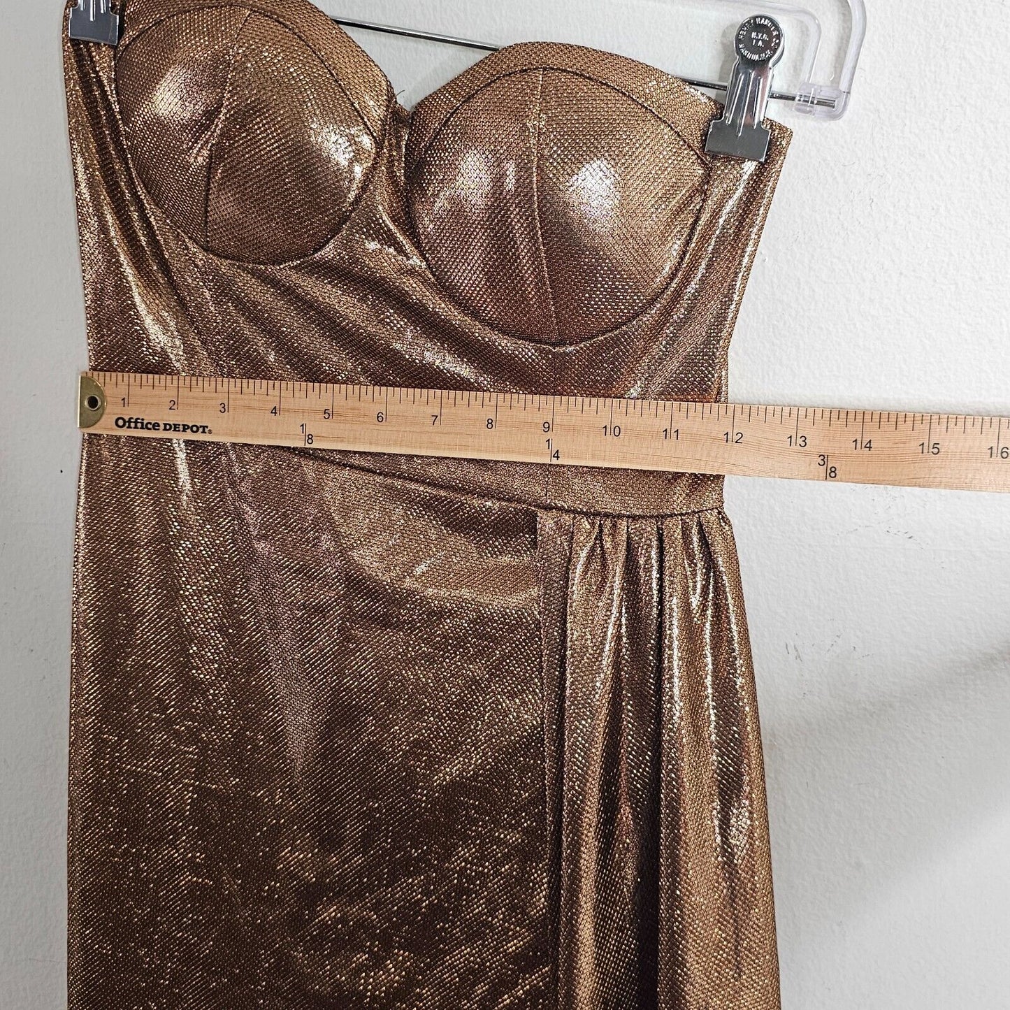 Bronze Gold Metallic Sweetheart Neck Sleeveless Bodycon Mini Long Sash Dress SM