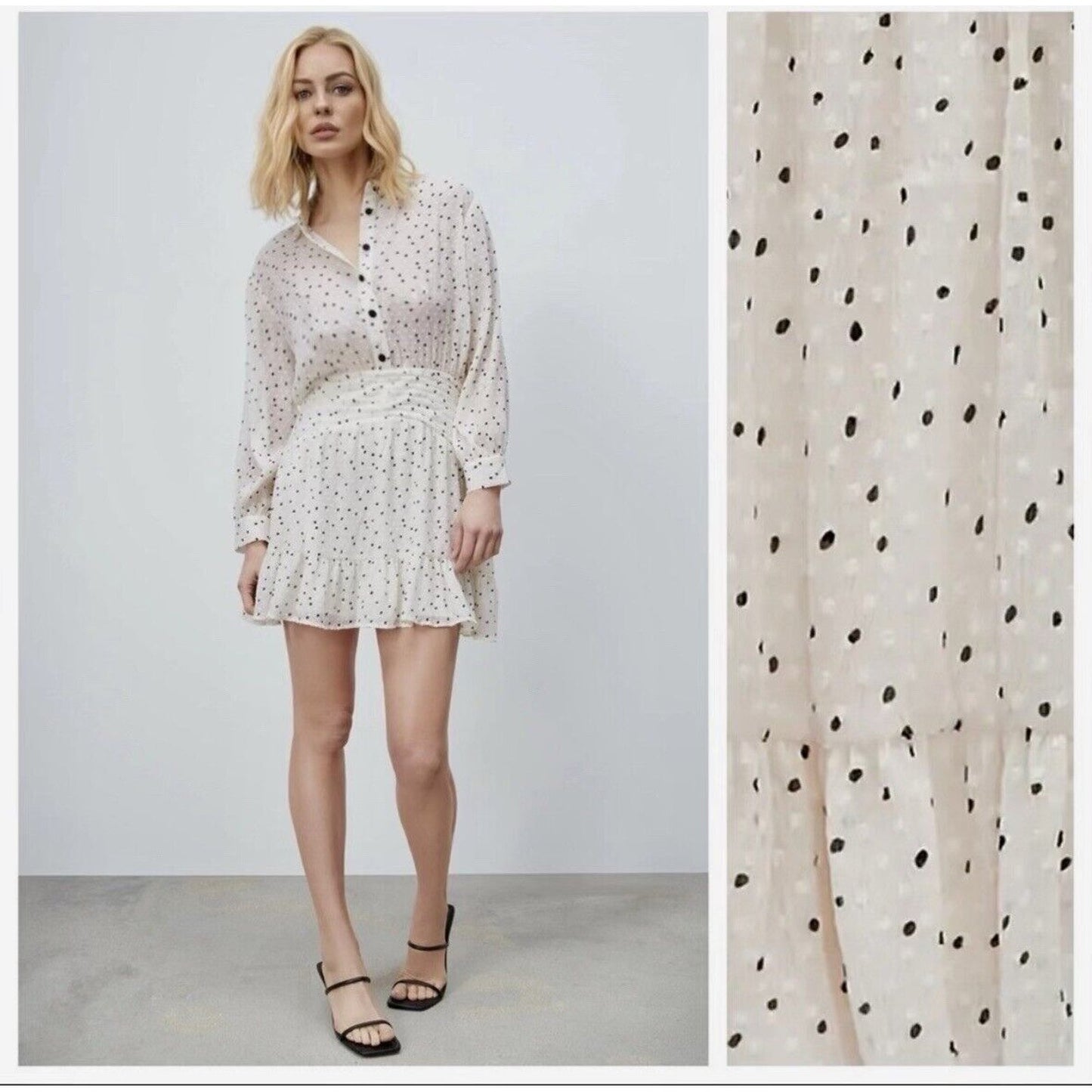 Zara Cream Black Dotted Swiss Long Sleeve 1/2 Button Collared Ruffle Hem Dress
