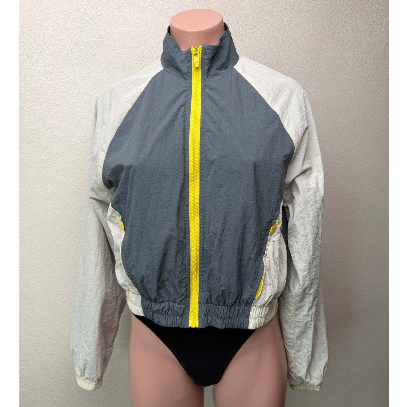 Fabletics Alayia Color Block Windbreaker Jacket Gray White Yellow Size S