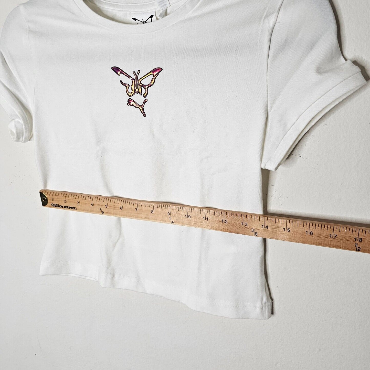NWOT Puma X Dua Lipa White Babydoll Butterfly Puma Hologram Graphic Crop Tee SM
