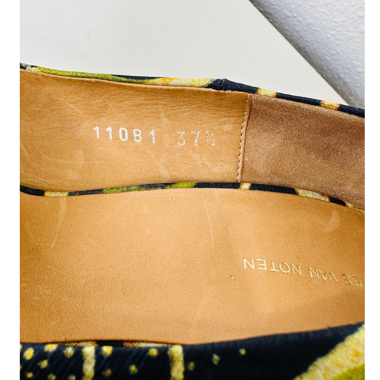 Dries Van Noten Italy Silk Leather Black Green Tan Platform 5" Heel Shoe 37.5 / 7.5