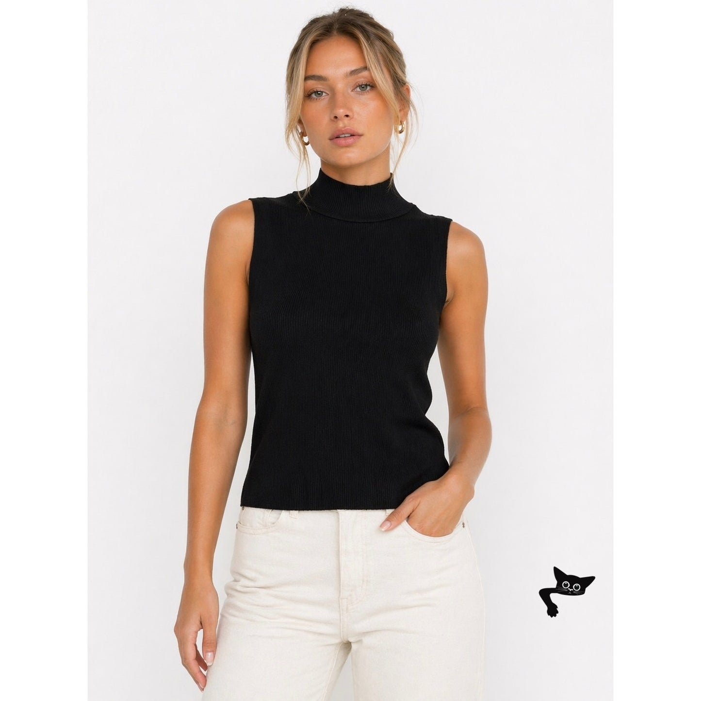 NWT Zara Black Ribbed Mock Neck Sleeveless Top L