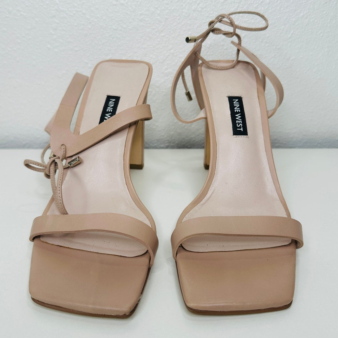 Nine West Tan Longitano Strappy Rectangle Heel Square Toe Sandal 7	t