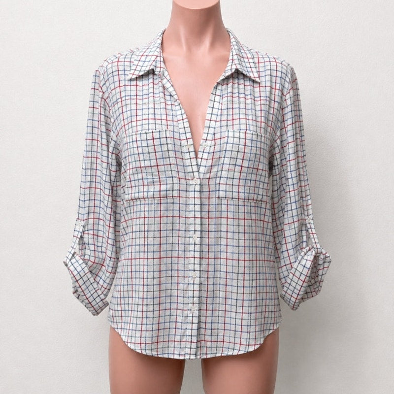 Joie White Red Blue Black & Green Plaid Front Button Pockets Long Sleeve Shirt L