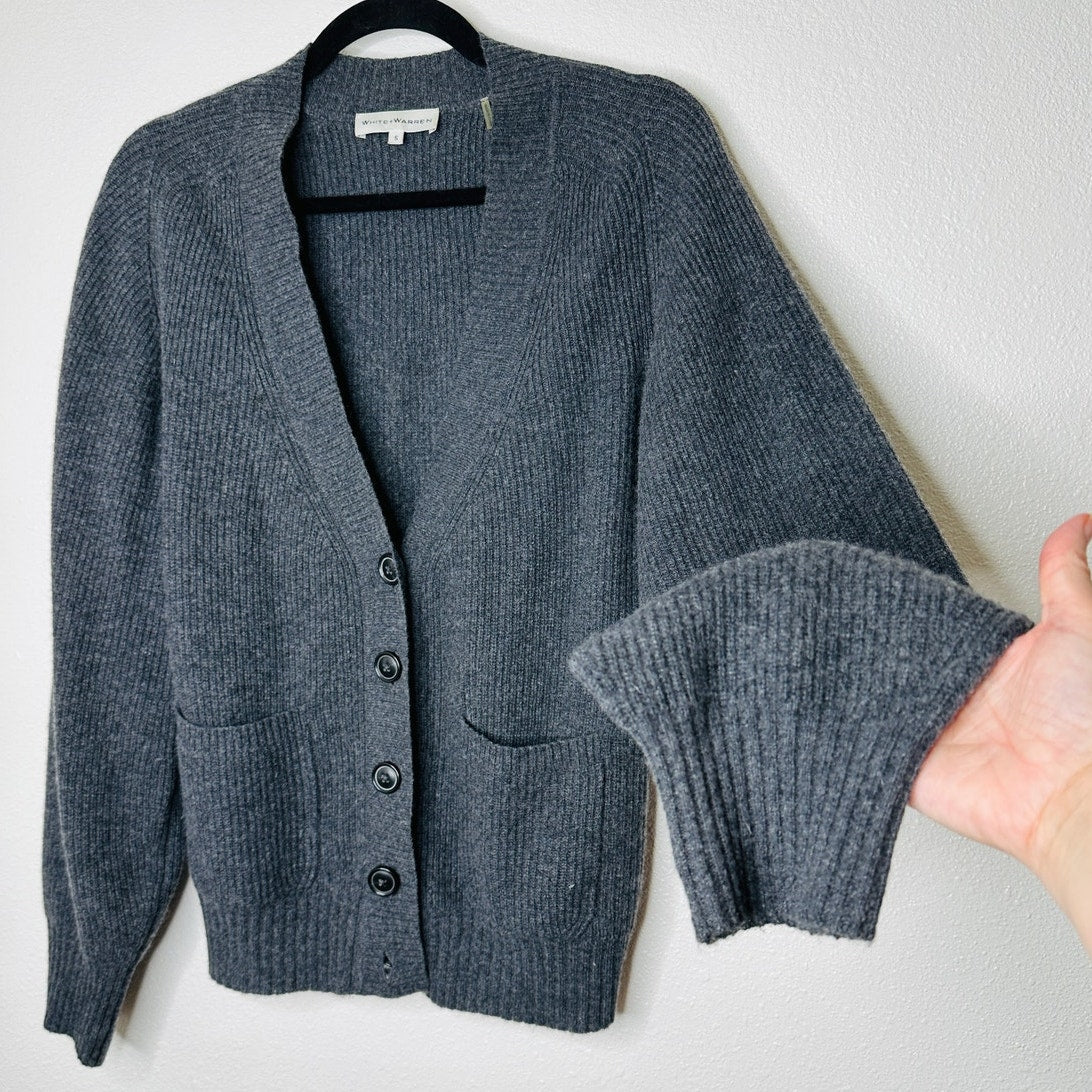 White + Warren Gray Recycled Cashmere Ribbed Button Boyfriend Cardigan S
