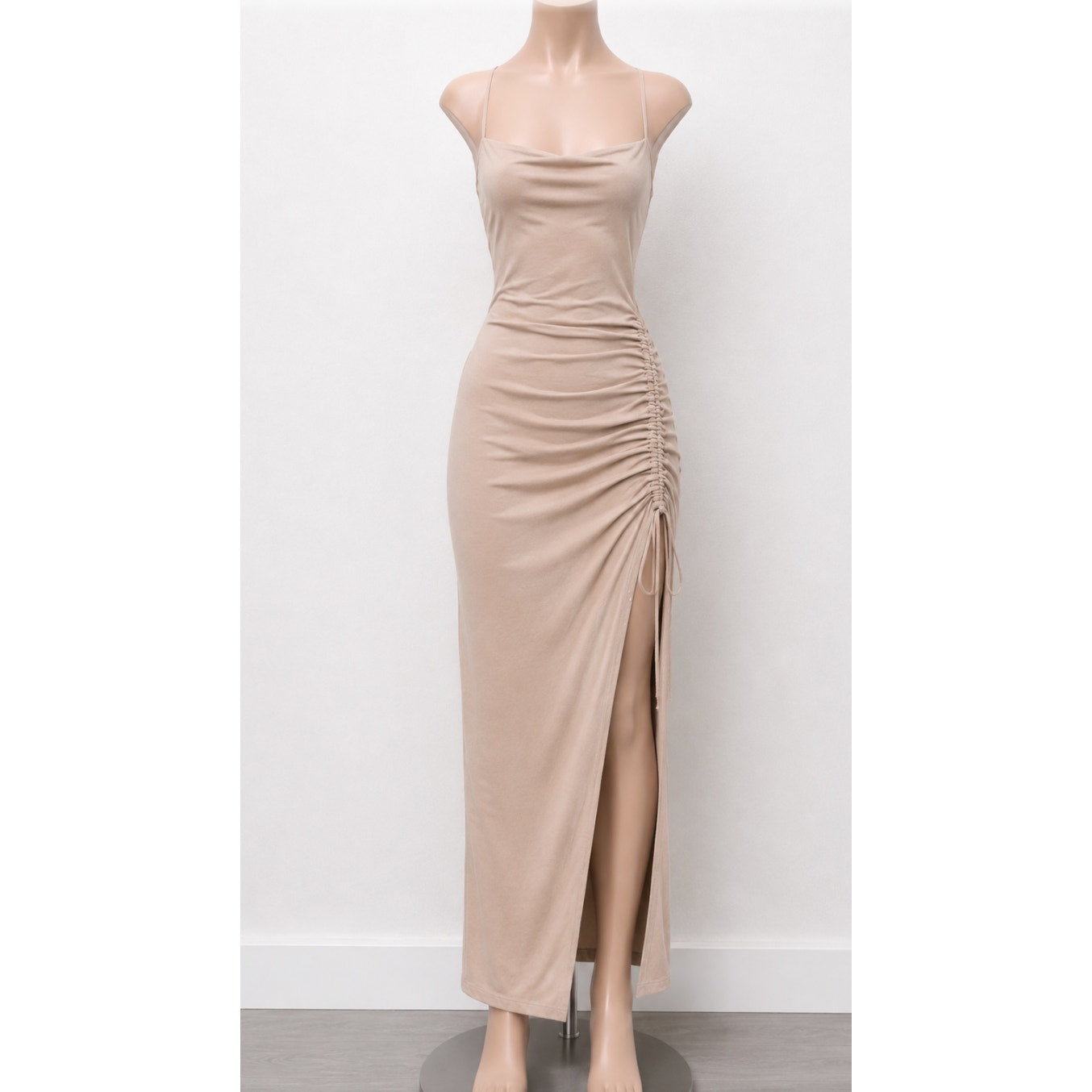 Emory Park Stretch Beige Maxi Side Drawstring Square-Neck Side Zip Split Dress S