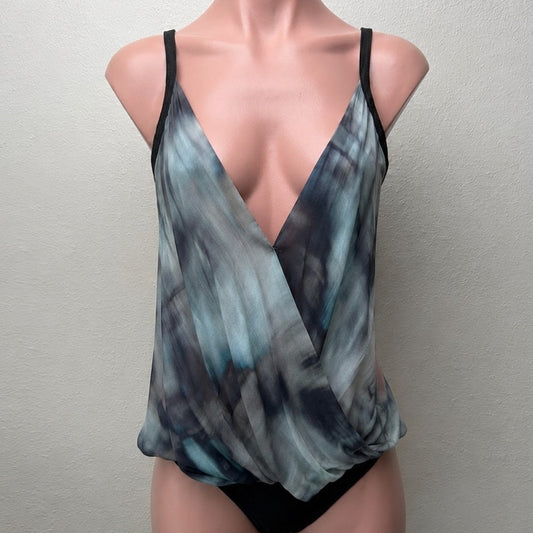 SW3 Teal Blue Multi Color Tie Dye Front Snap Faux Wrap Tank Top M