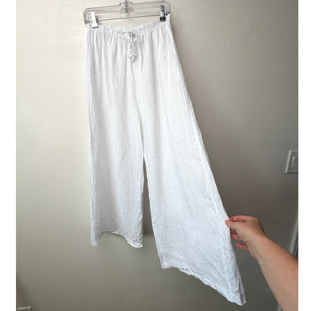 Nati White Linen Wide Leg Palazzo Pants High Rise Drawstring