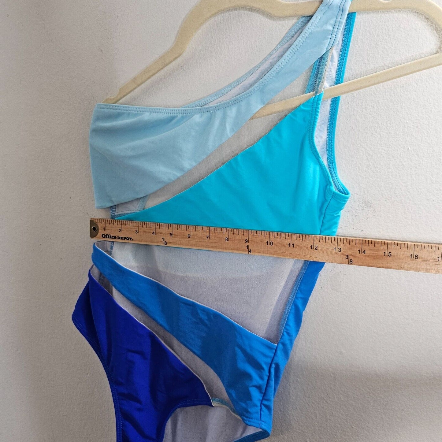 Blue & Teal Color Block Sheer Design One Shoulder Swim Suit One Piece Small