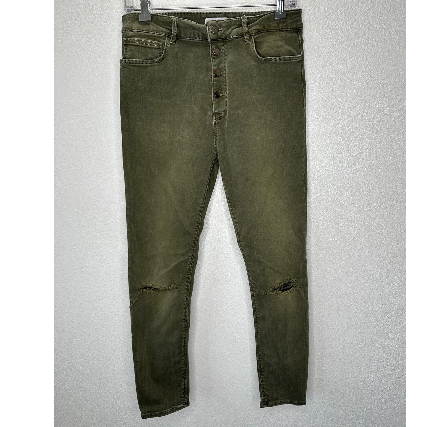 Zara Women Olive Green Button Fly Distressed Knee Skinny Jean High Waist 10