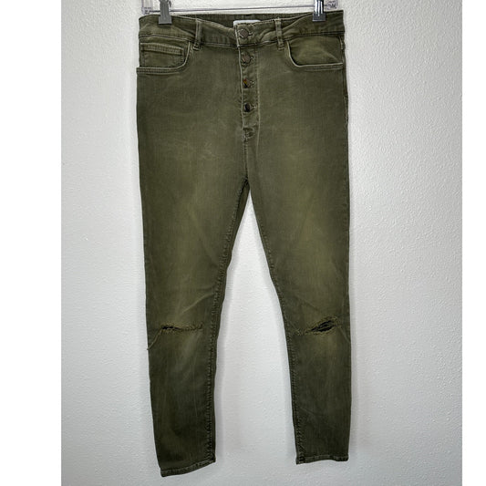 Zara Women Olive Green Button Fly Distressed Knee Skinny Jean High Waist 10