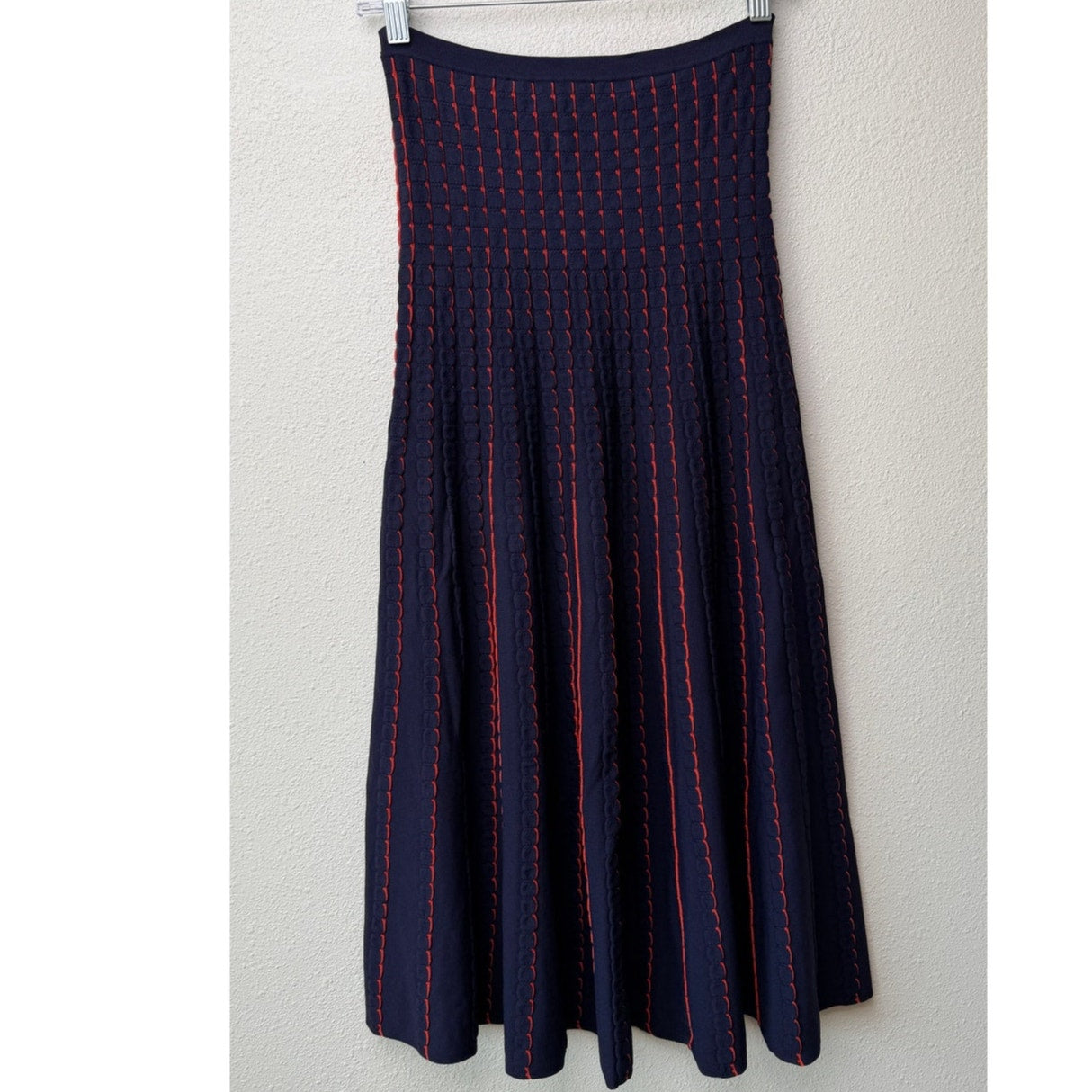 Zara Women Navy Red Striped Knit Midi Skirt US S