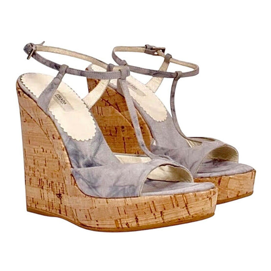Prada Tie Dye Light Blue Suede Tan Cork Wedge Sandals Ankle Espadrilles 38
