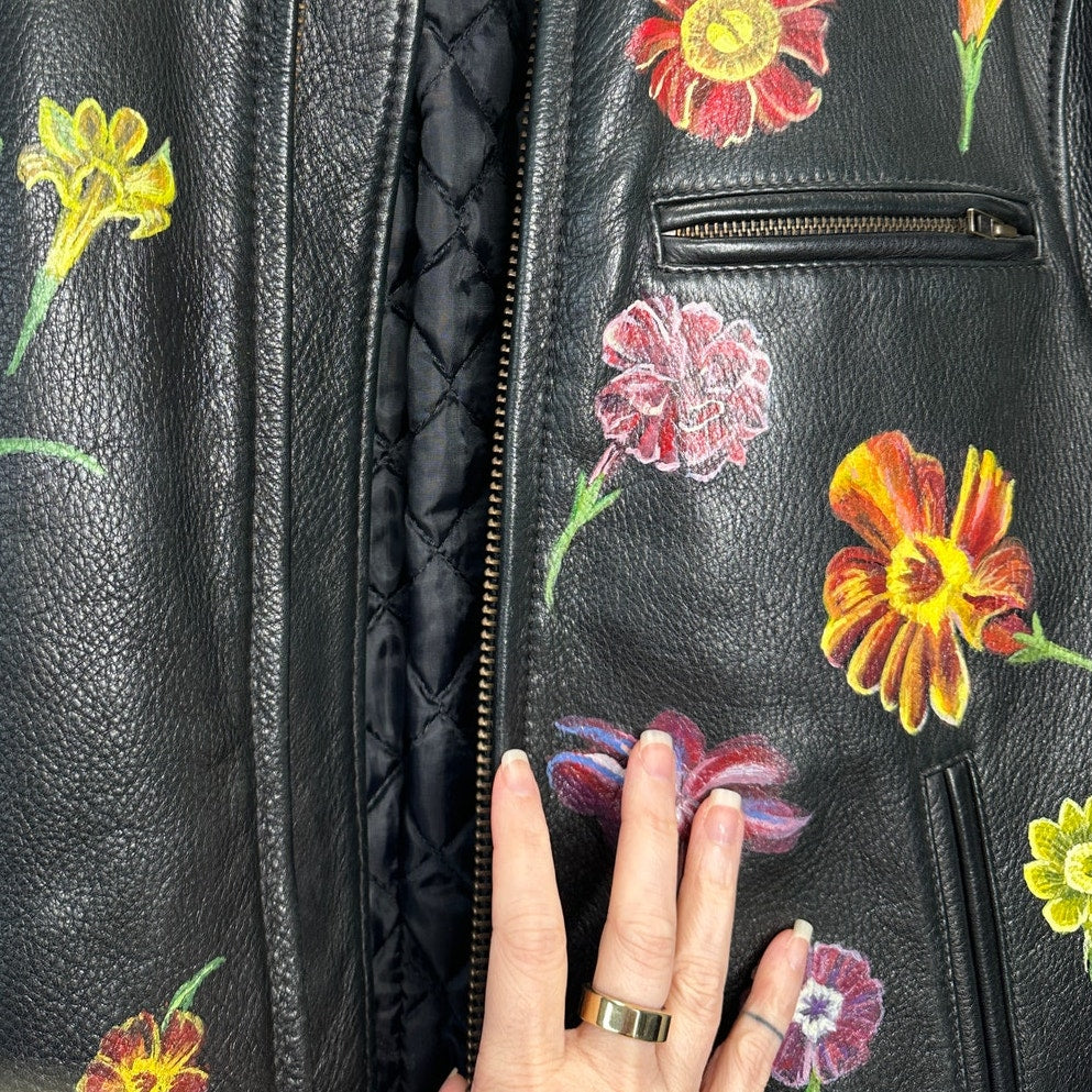 Libertine Hand-Painted Floral Skull Black Leather Moto Jacket M