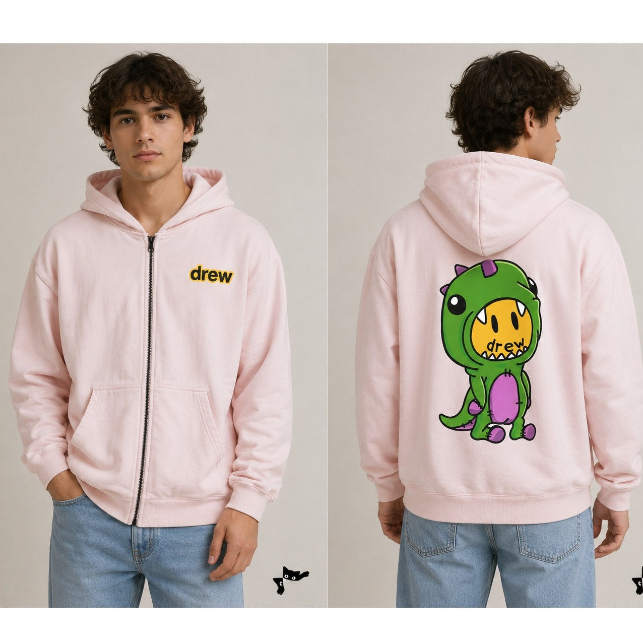 Drew House Zip Hoodie Light Pink Men’s US L Dino Graphic
