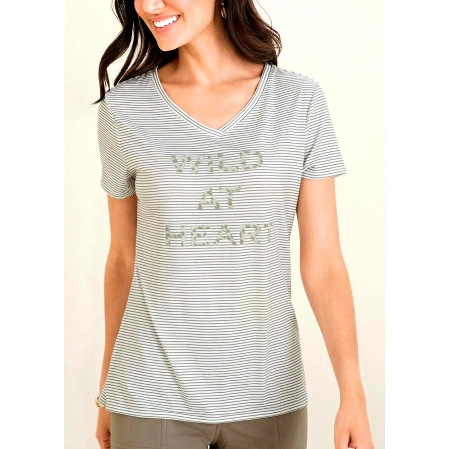 NWT Chico's Zenergy Wild At Heart Olive White Stripe V-Neck Tee  1