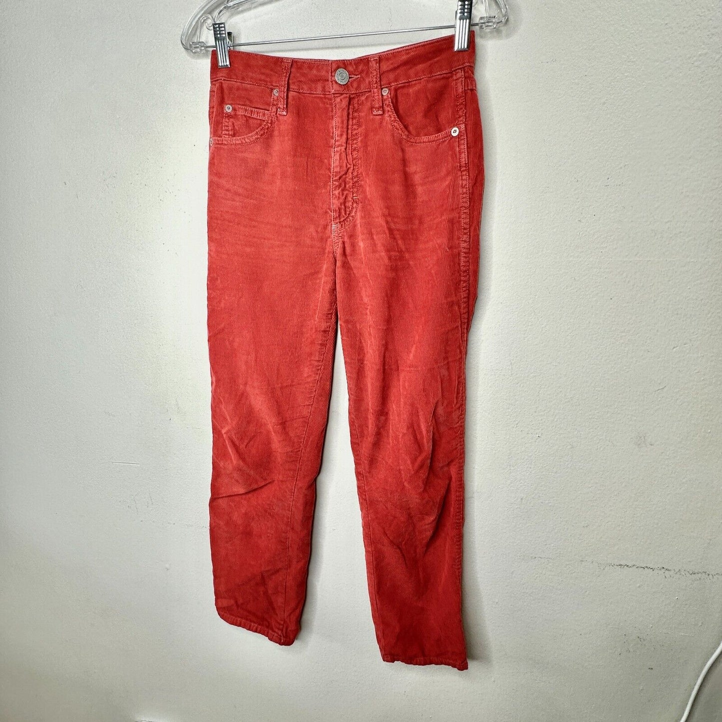 AMO The Chloe Rust Red Corduroy Straight Leg Crop Pant Trousers Washed Red 26