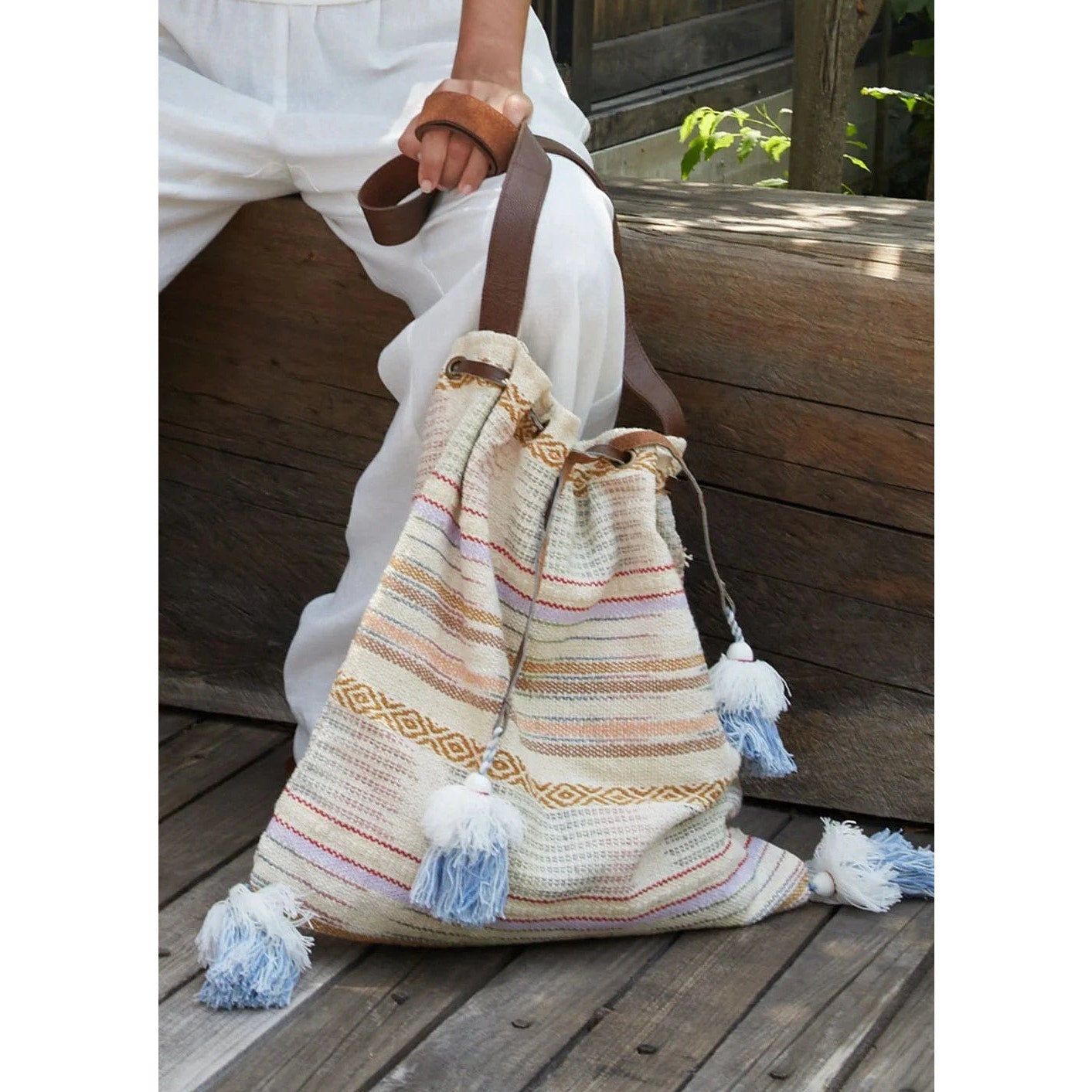 Lovestitch Tan Multicolor Striped Canvas Boho Bag Drawstring Snap Closure