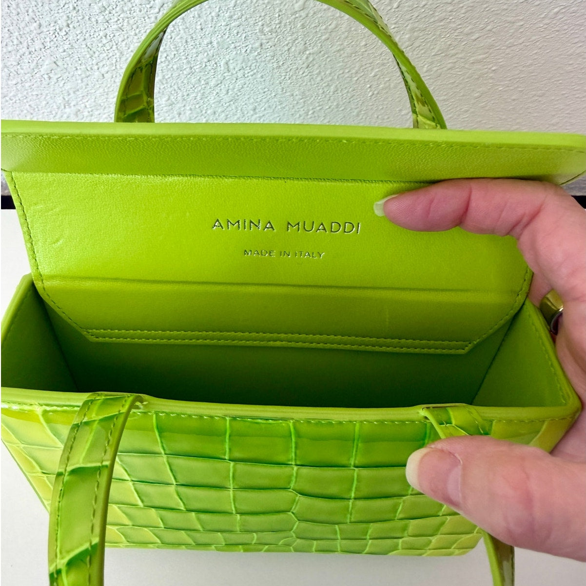 EUC Amina Muaddi Mini Croc Embossed Lime Green Leather Top Handle Bag