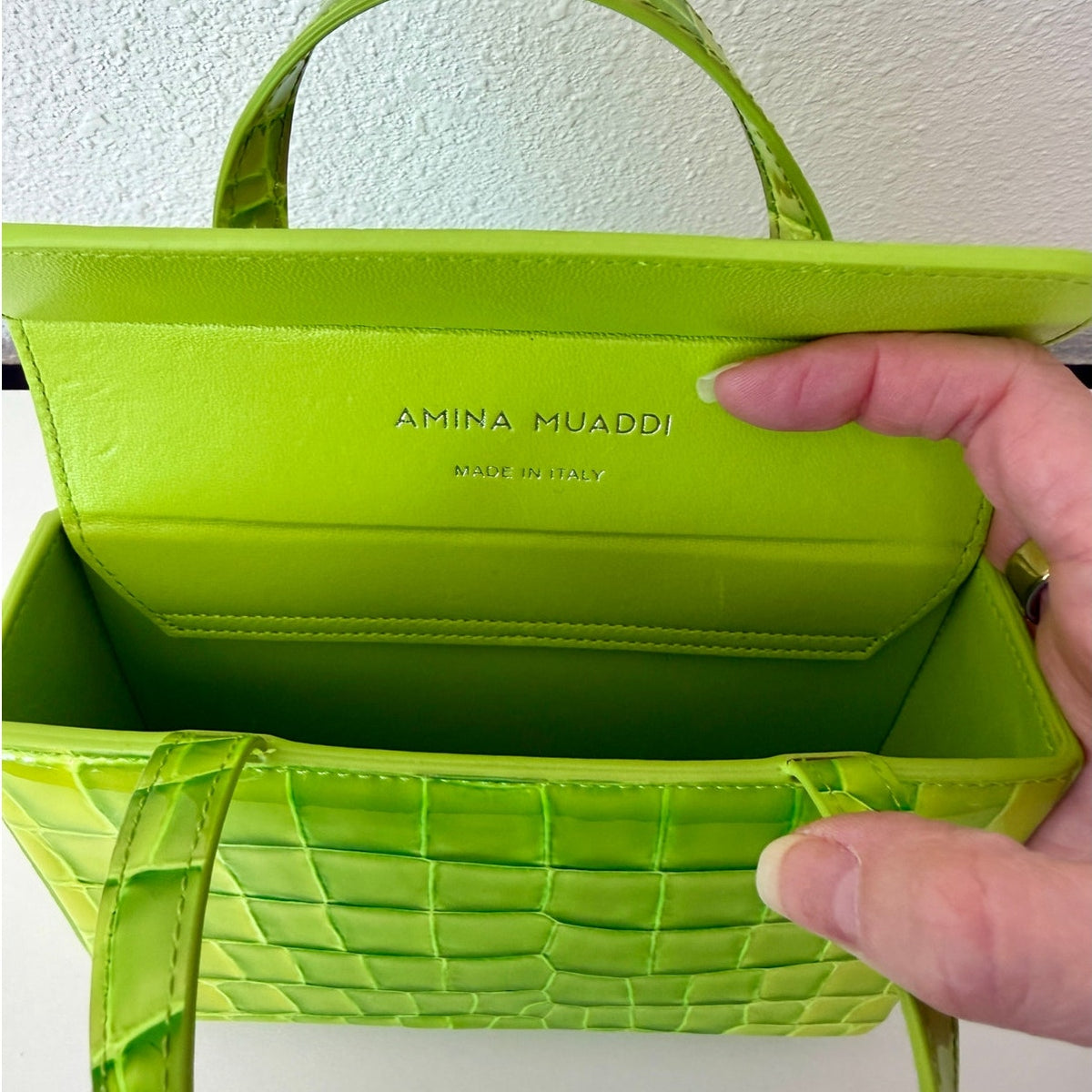 EUC Amina Muaddi Mini Croc Embossed Lime Green Leather Top Handle Bag