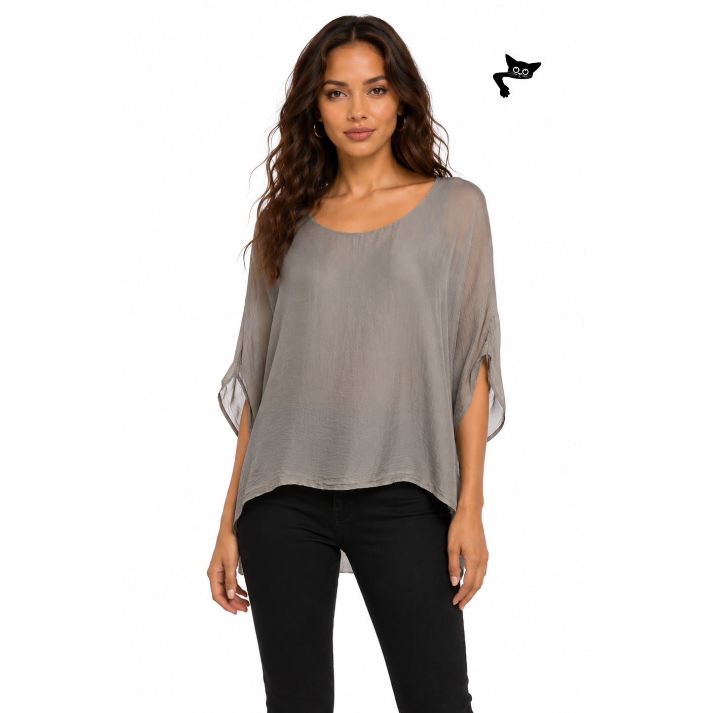 Kahili Taupe Martina Silk Top Sheer Chiffon Overlay Blouse O/S