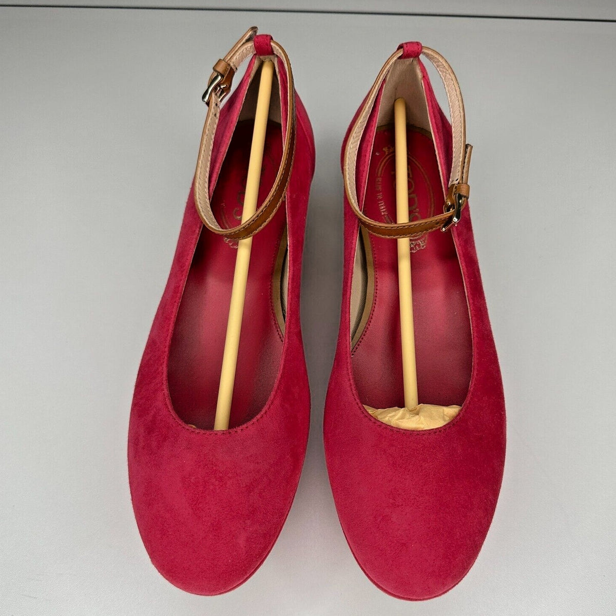 Tod's Deep Pink Suede Ankle Strap Ballerina Style Round Toe Wedge Shoes 38 / 8