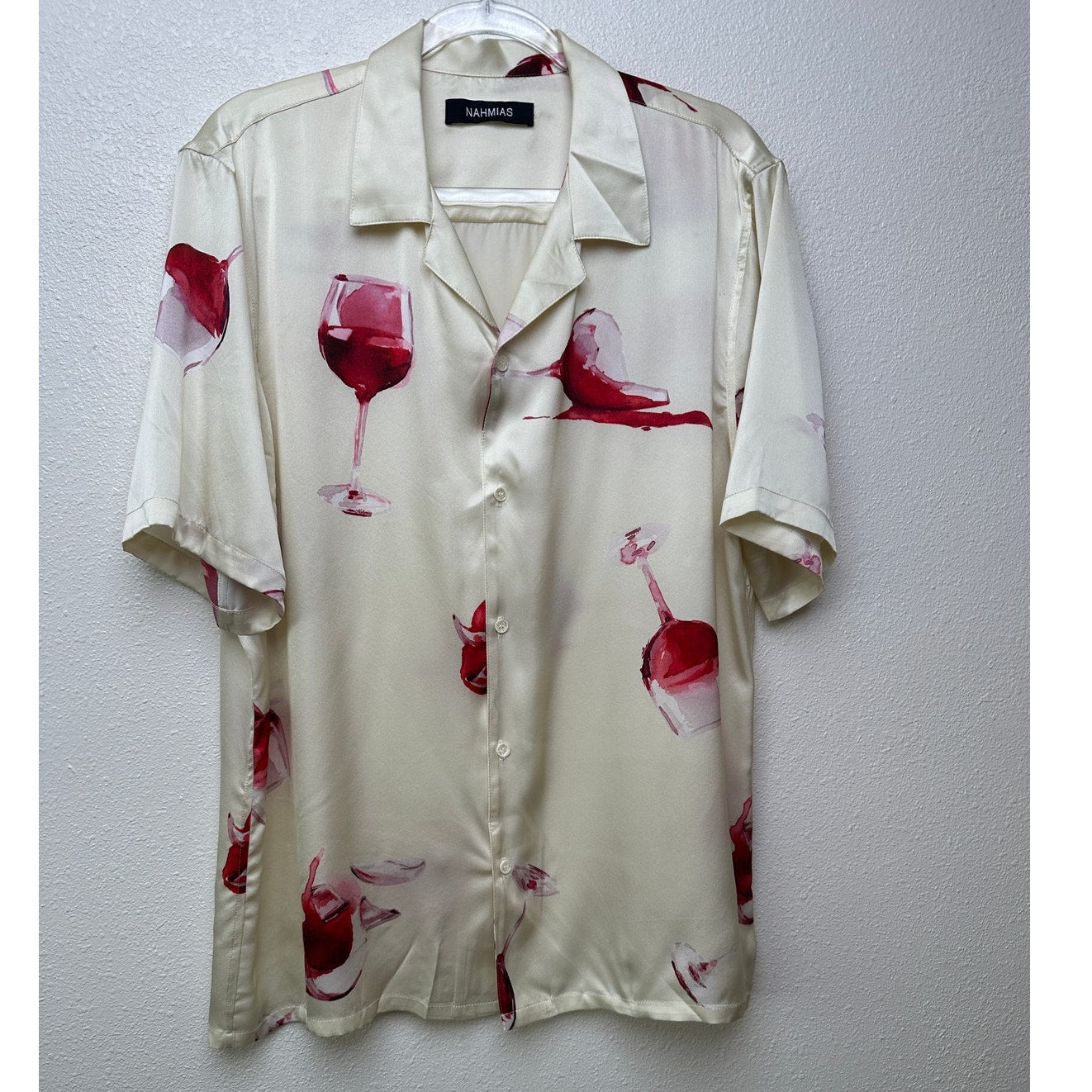 Nahmias Silk Pajama Set Wine Glass Print Ivory Cream L