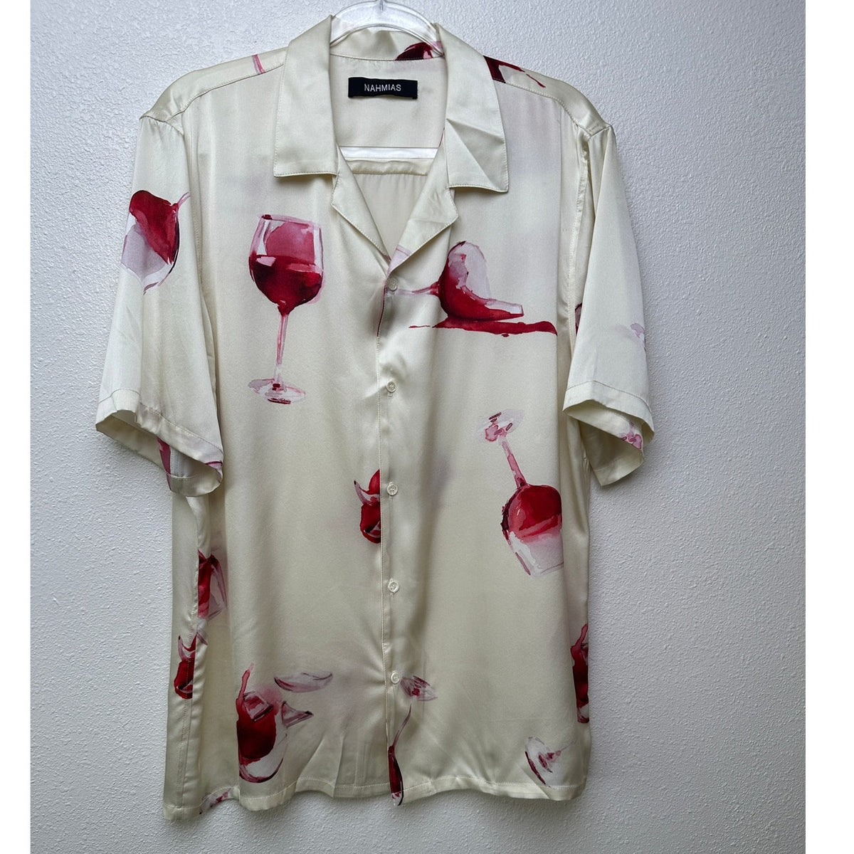 Nahmias Silk Pajama Set Wine Glass Print Ivory Cream L