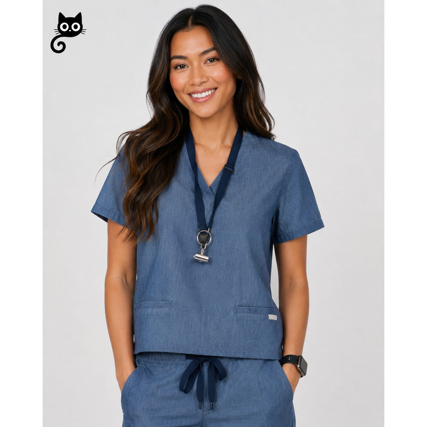 NWT Blue Denim Casma 3 Pocket Classic Fit V-Neck Scrub Top XS
