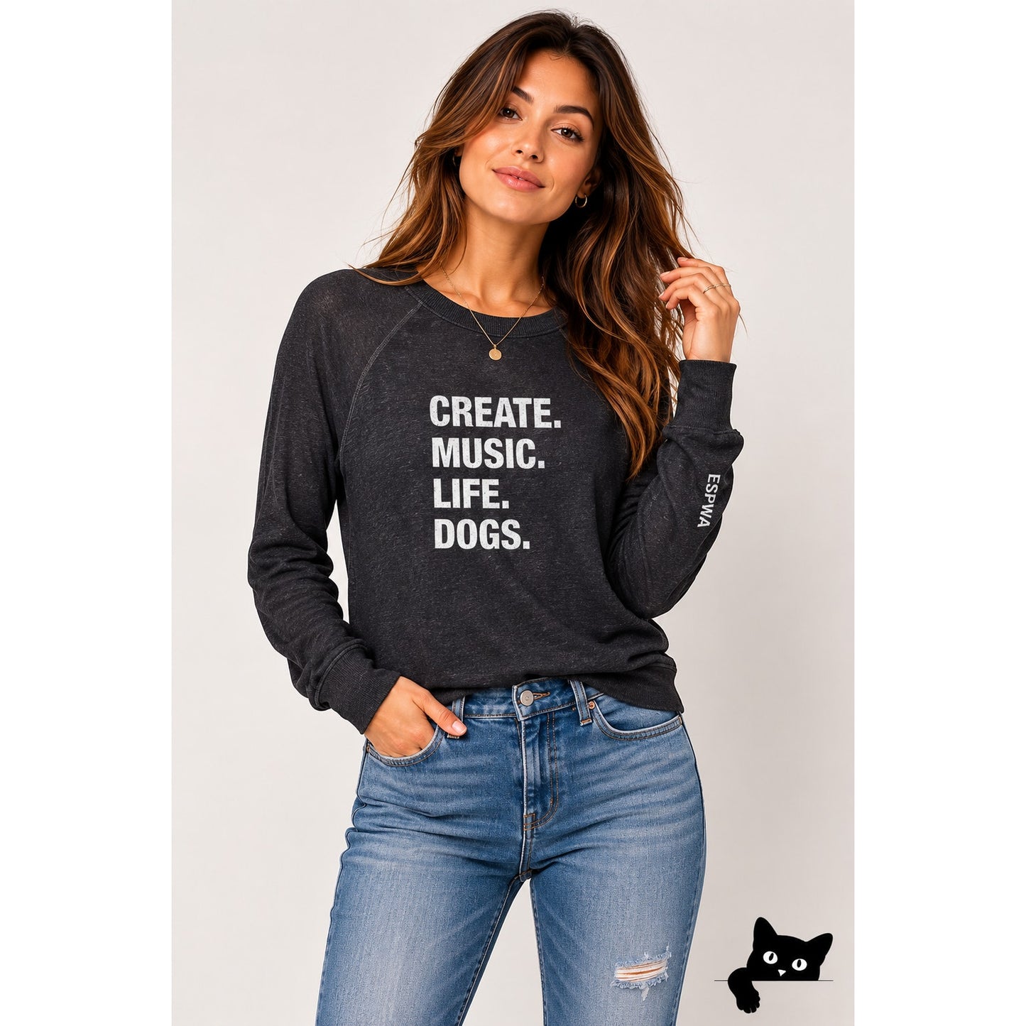ESPWA Black Long Sleeve Thin Sweater Top Create Music Graphic Tee Shirt Small