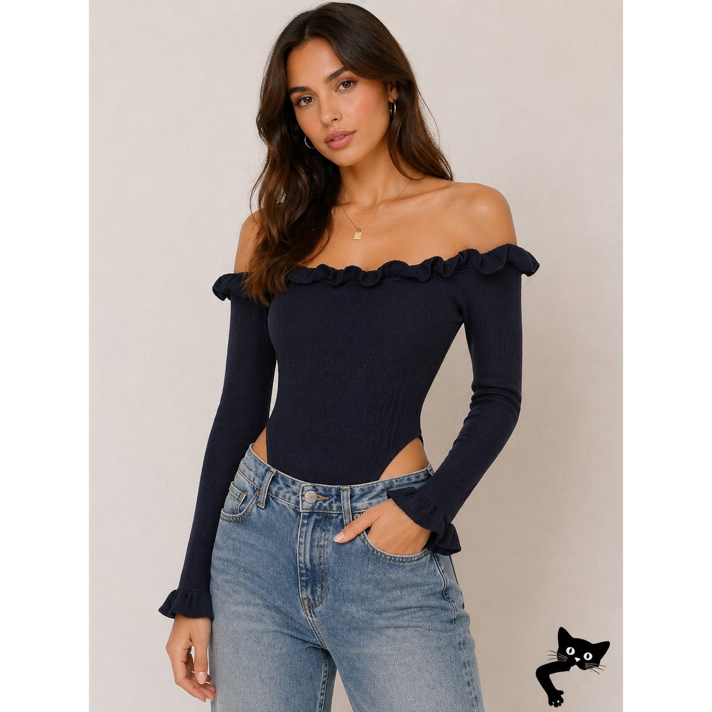 Lovers + Friends Hudson Black Rib Ruffle Off Shoulder Long Sleeve Bodysuit Large