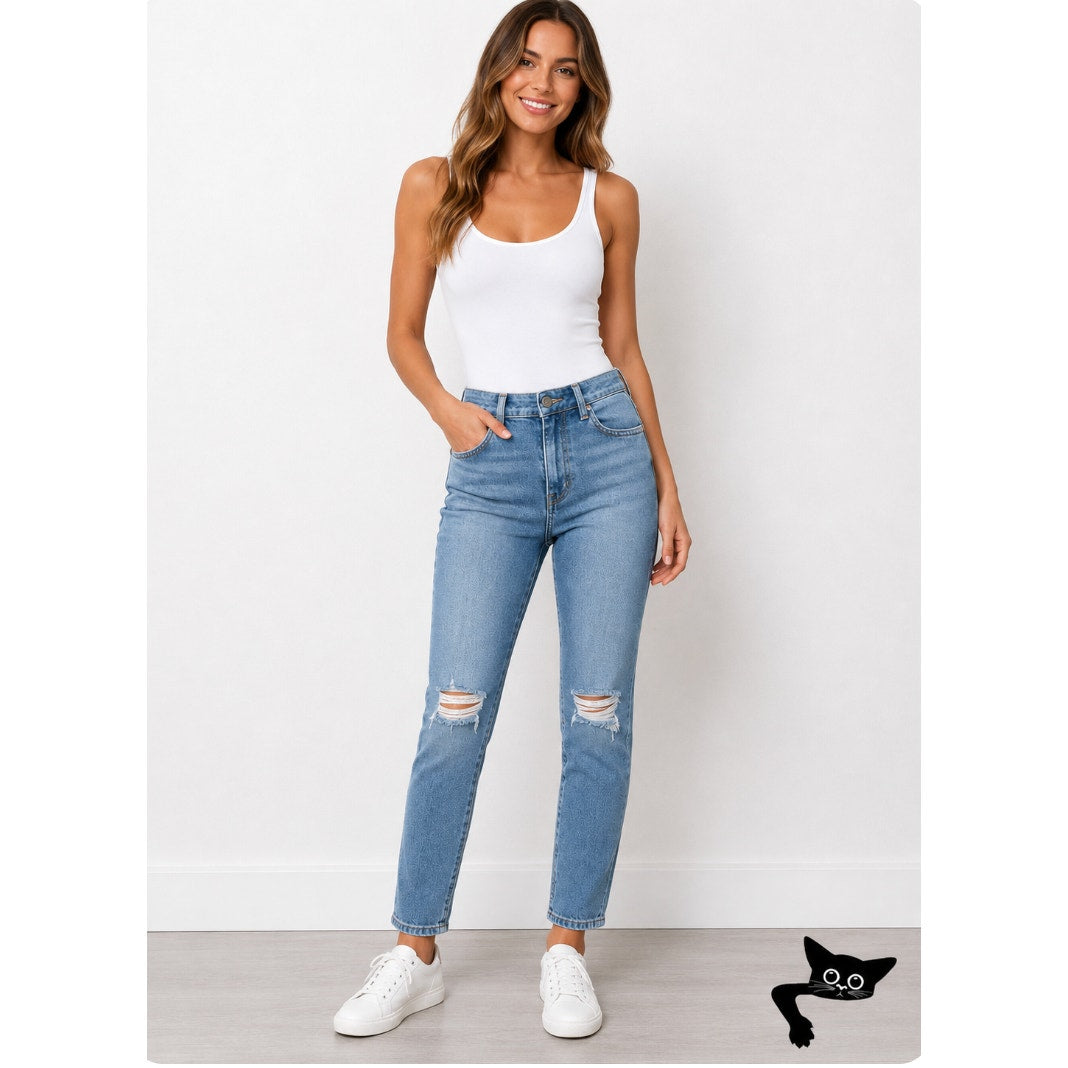 Good American Light Blue Med Wash Good Waist Crop Distressed Knee Jean 6 / 28