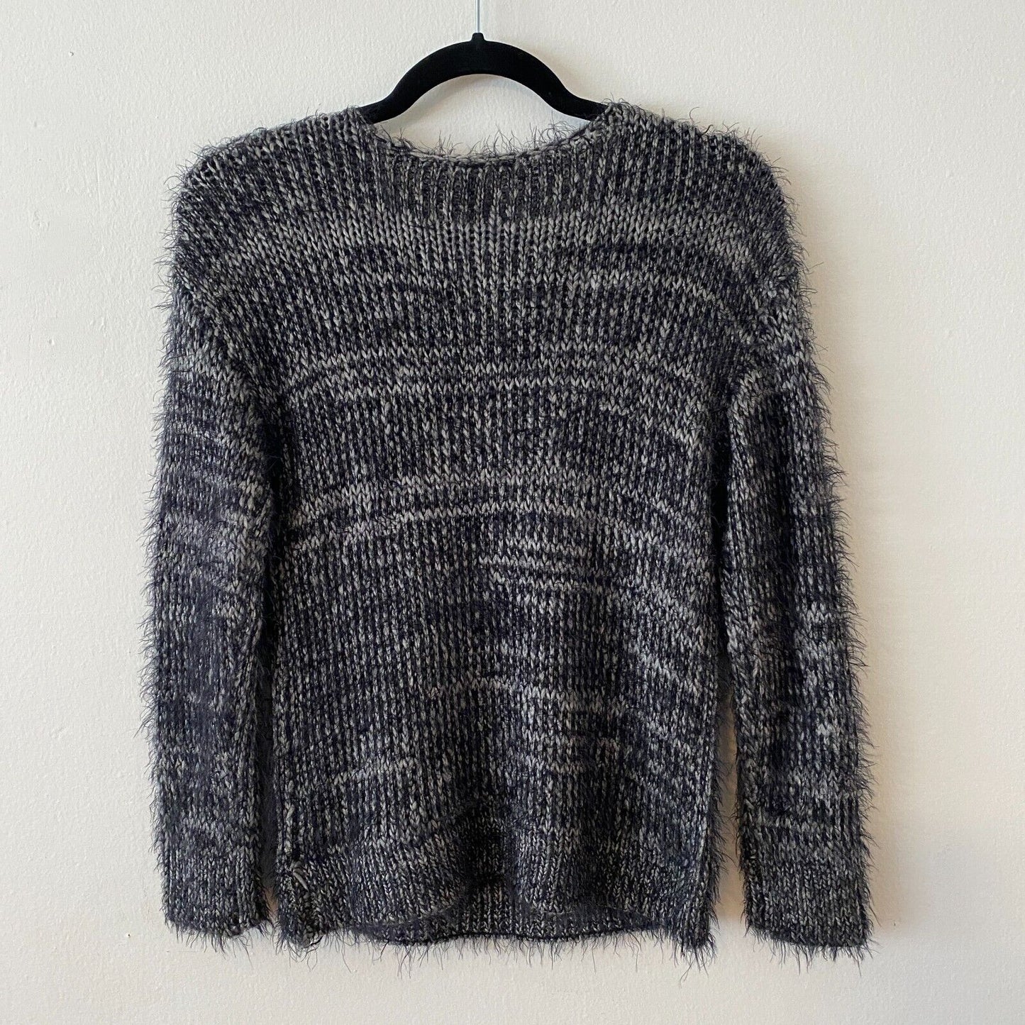 Elan Black Gray Marled Fuzzy Long Sleeve Round Neck Cable Knit Sweater Small
