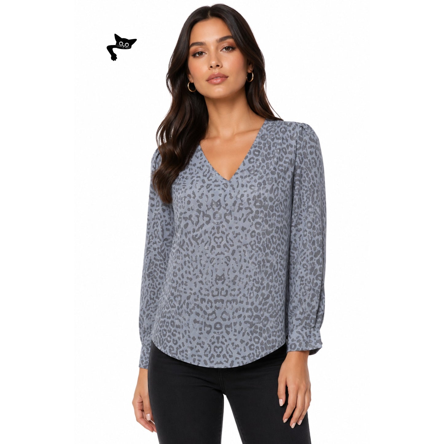 Cynthia Steffe Blue Gray Animal Print V-Neck Long Sleeve Blouse M