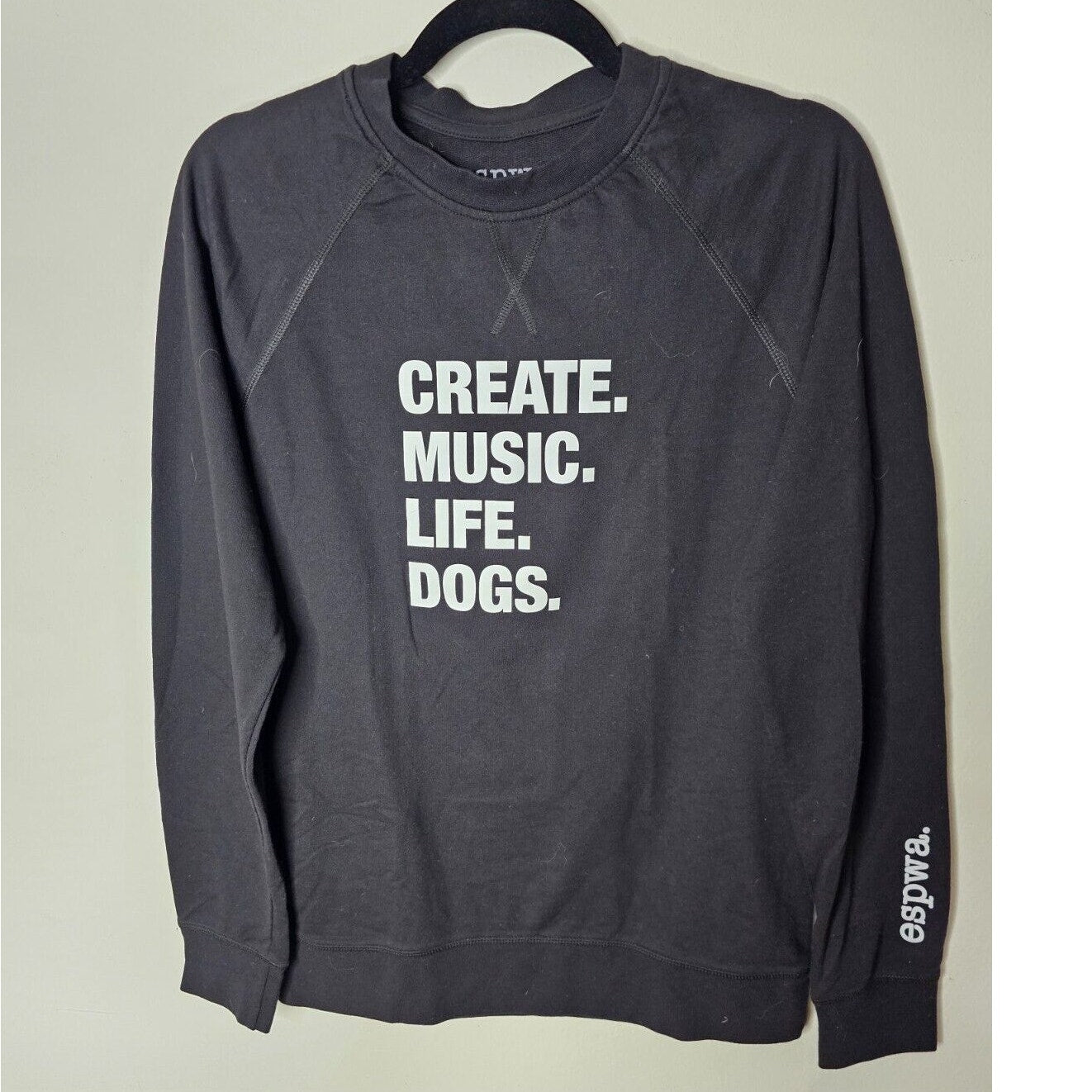 ESPWA Black Long Sleeve Thin Sweater Top Create Music Graphic Tee Shirt Small