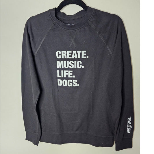 ESPWA Black Long Sleeve Thin Sweater Top Create Music Graphic Tee Shirt Small