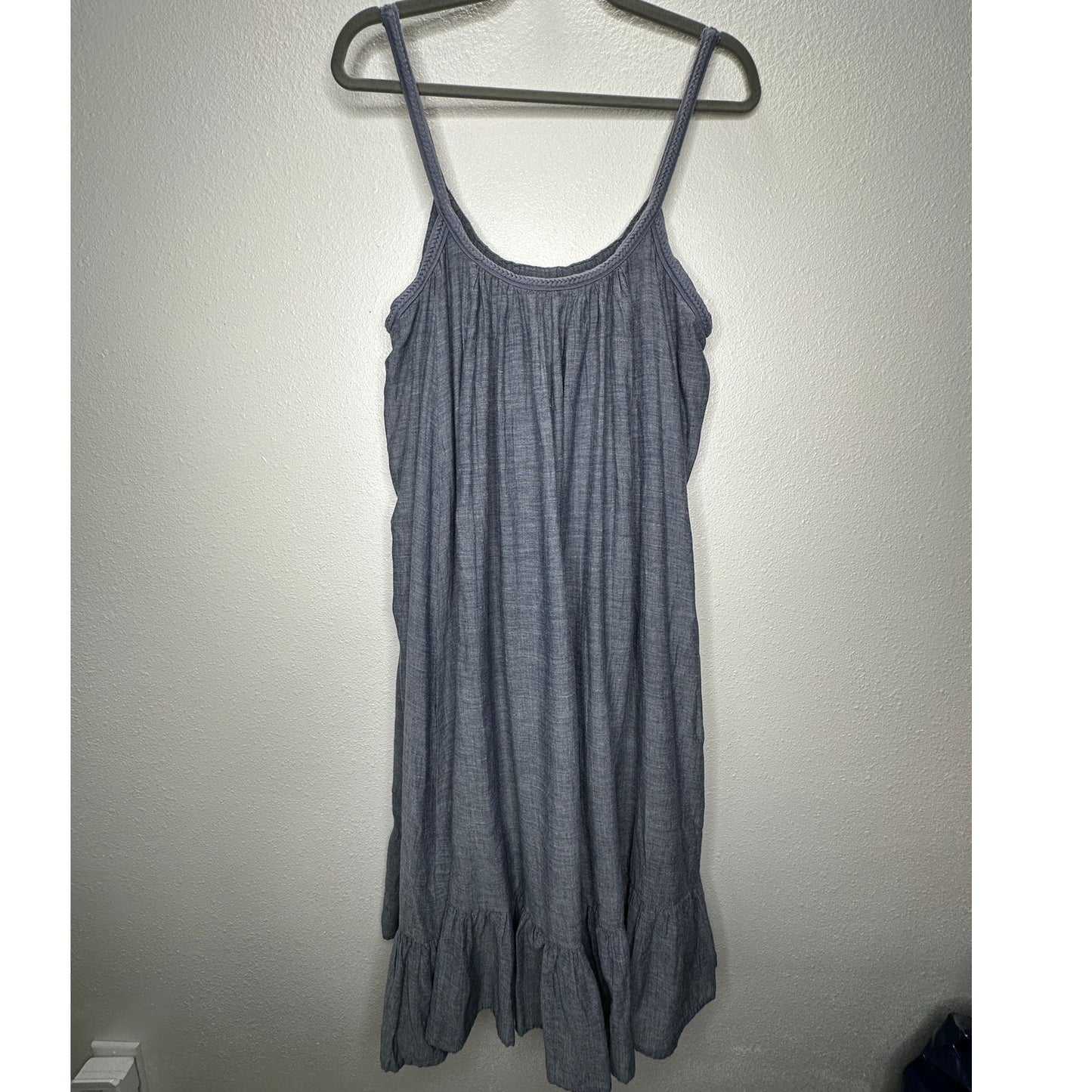 Vetiver Blue Gray Denim Round Braided Neckline & Strap Ruffle Dress 4