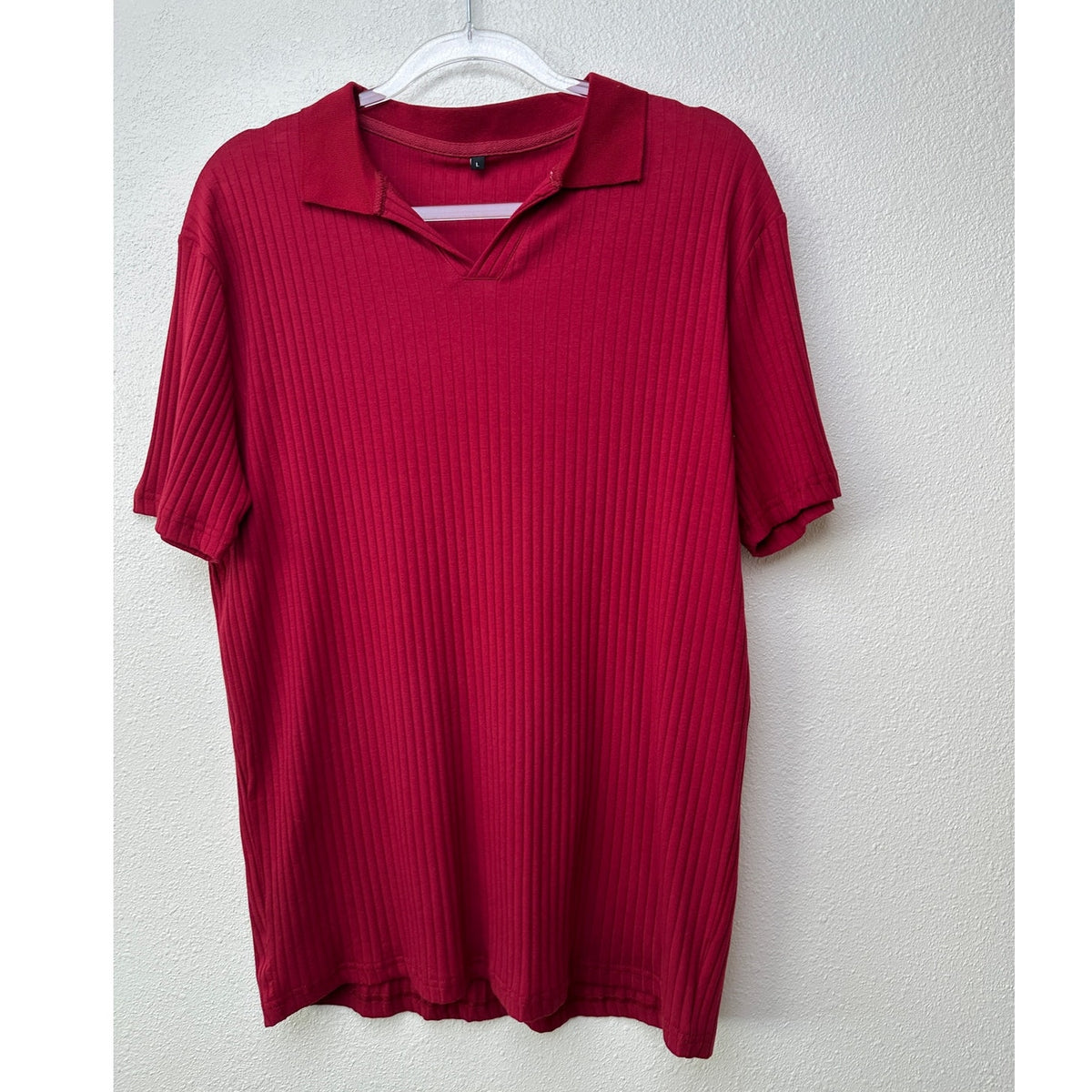 Men’s Red Ribbed Knit Polo Shirt Short Sleeve Size L