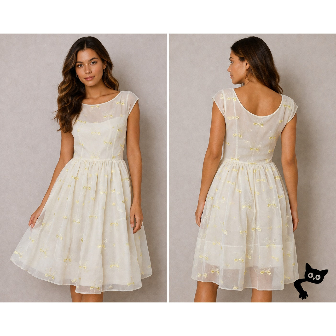 VINTAGE Sheer 50s Pale Lemon Yellow Floral Design Embroidered Sleeveless Dress
