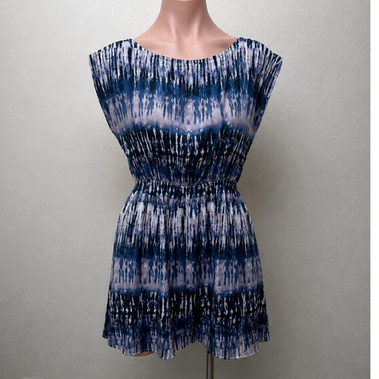 Envy Muted Steel Blue White Black Tie Dye Print Boat Neck Cinched Waist Dress M