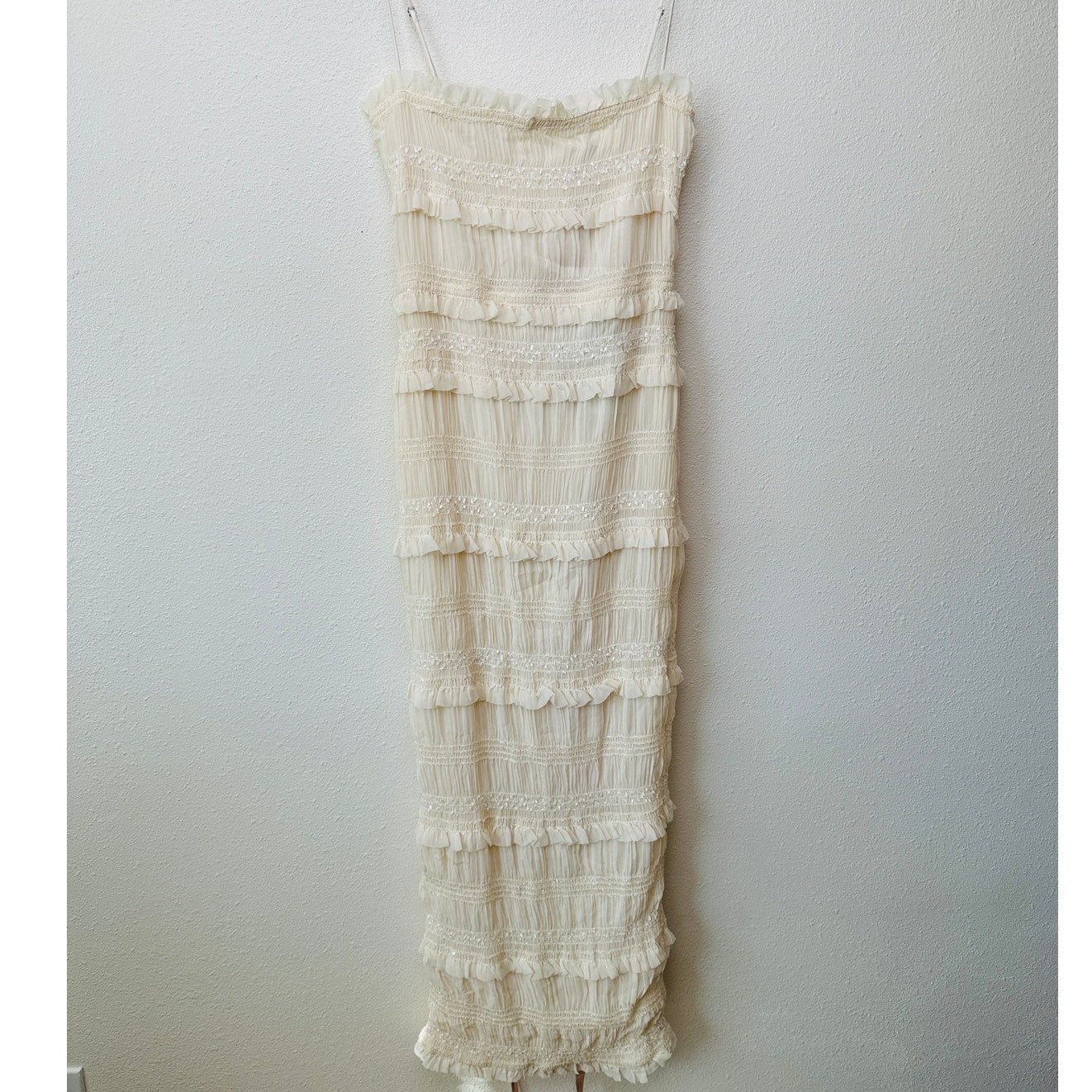 NWT House of CB Solana Ivory Sequin Pleated Tiered Maxi Dress Women’s S