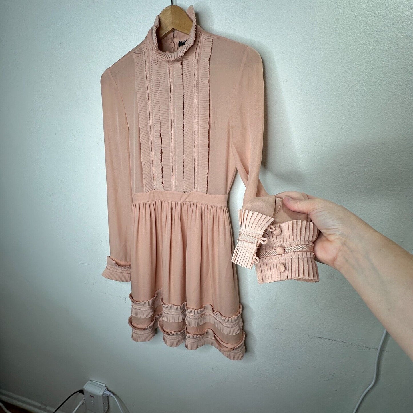 Nicholas Peachy Pink Fine Pleat Silk Long Sleeve Mini Ruffles High Neck Dress 0