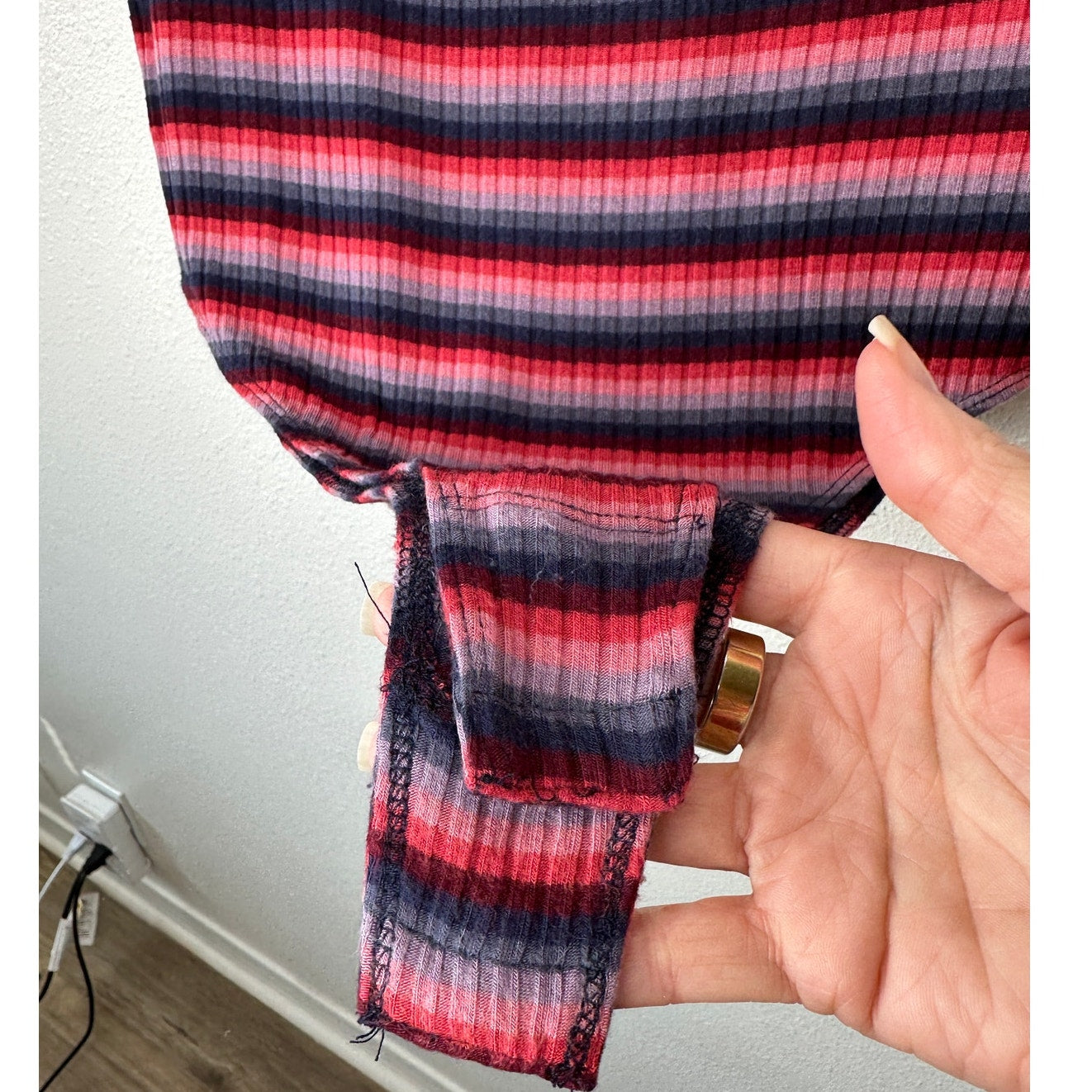 Abound Pink Burgundy Blue Gray Striped Mock Neck Sleeveless Bodysuit L