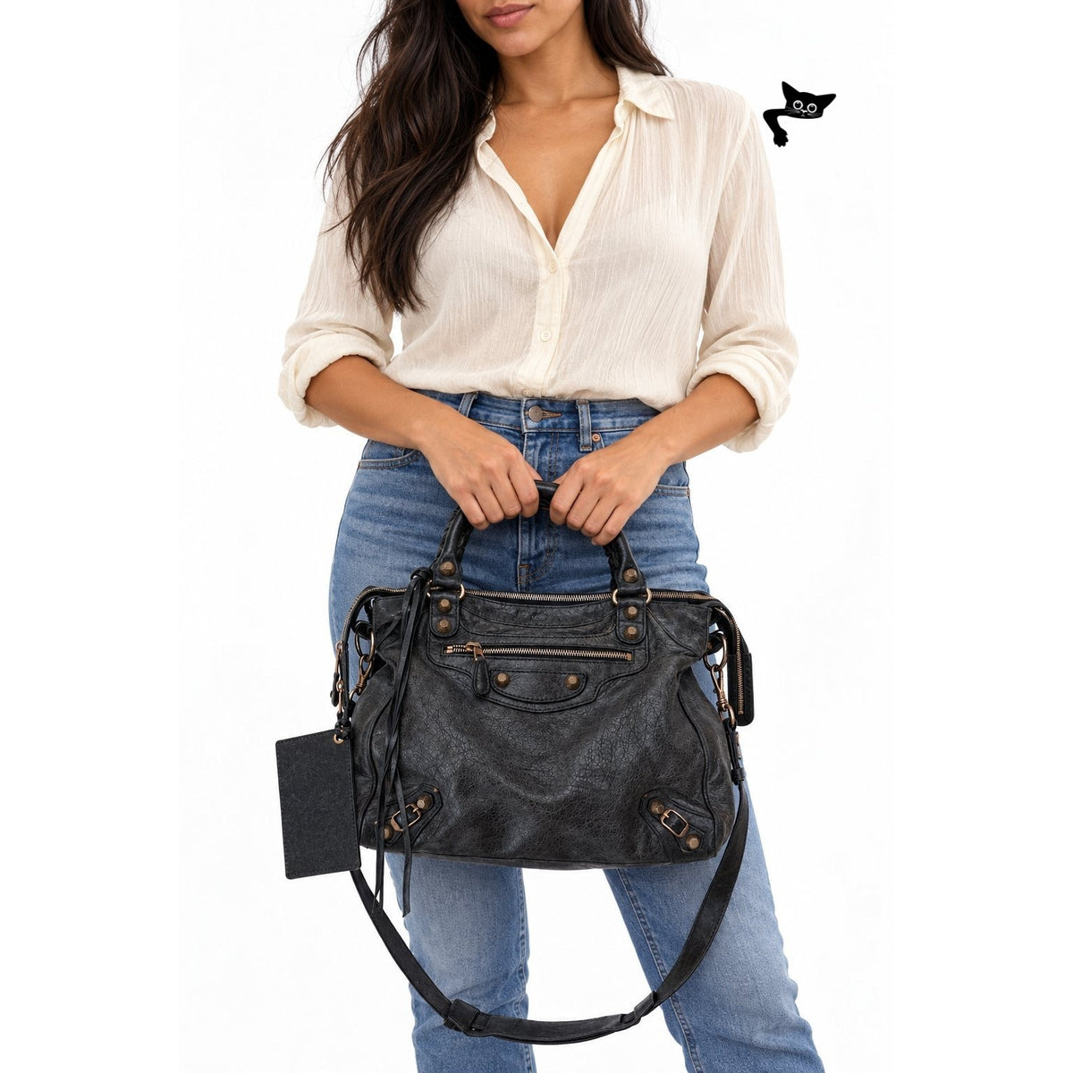 Balenciaga Black Studded Motorcycle Satchel Women's