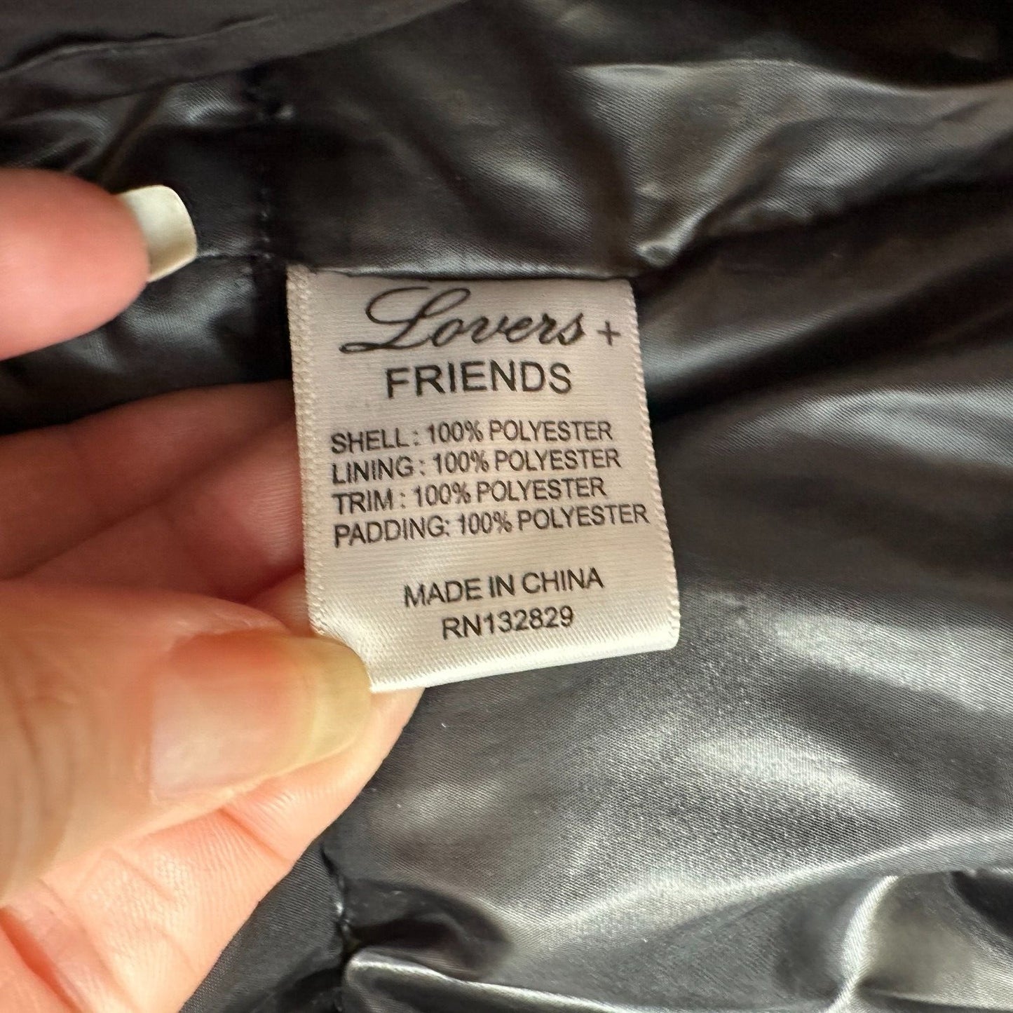 Revolve Lovers + Friends Black Satin Puffer Jacket Banded Hem & Cuff Zip L