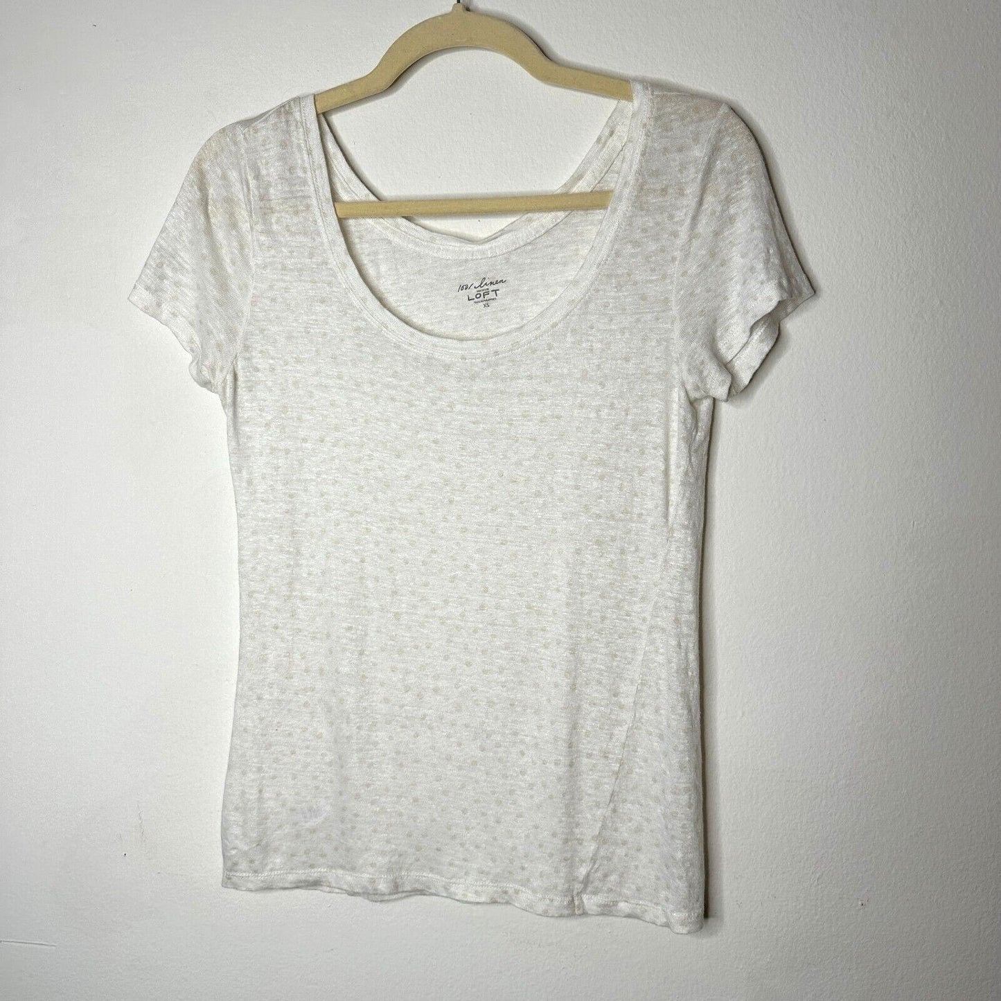 Loft Cream 100% Linen Light Short Sleeve Polka Dot Scoop Neck Shirt Tee XS
