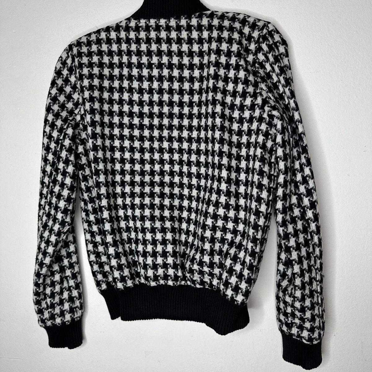 Philip Ayler White Black French Tweed Houndstooth Black Trim Zip Bomber Jacket