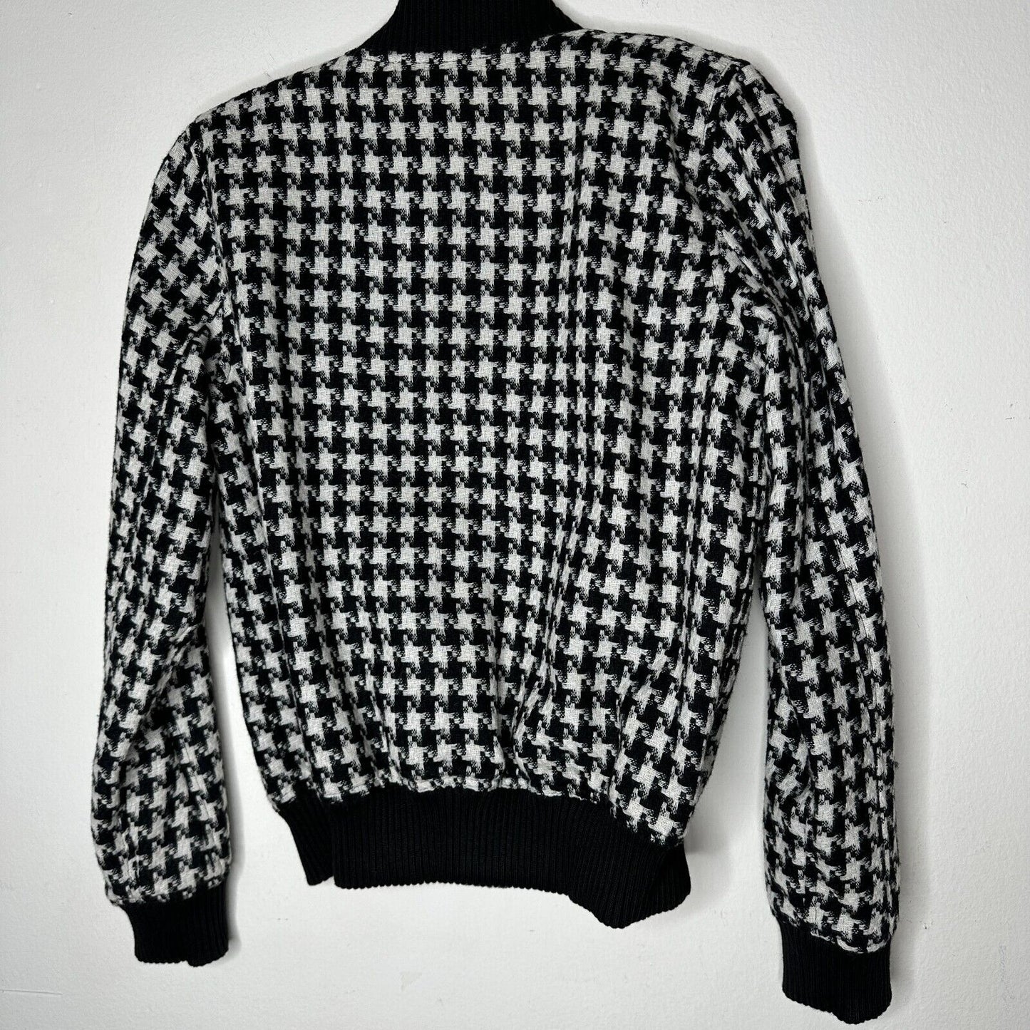 Philip Ayler White Black French Tweed Houndstooth Black Trim Zip Bomber Jacket