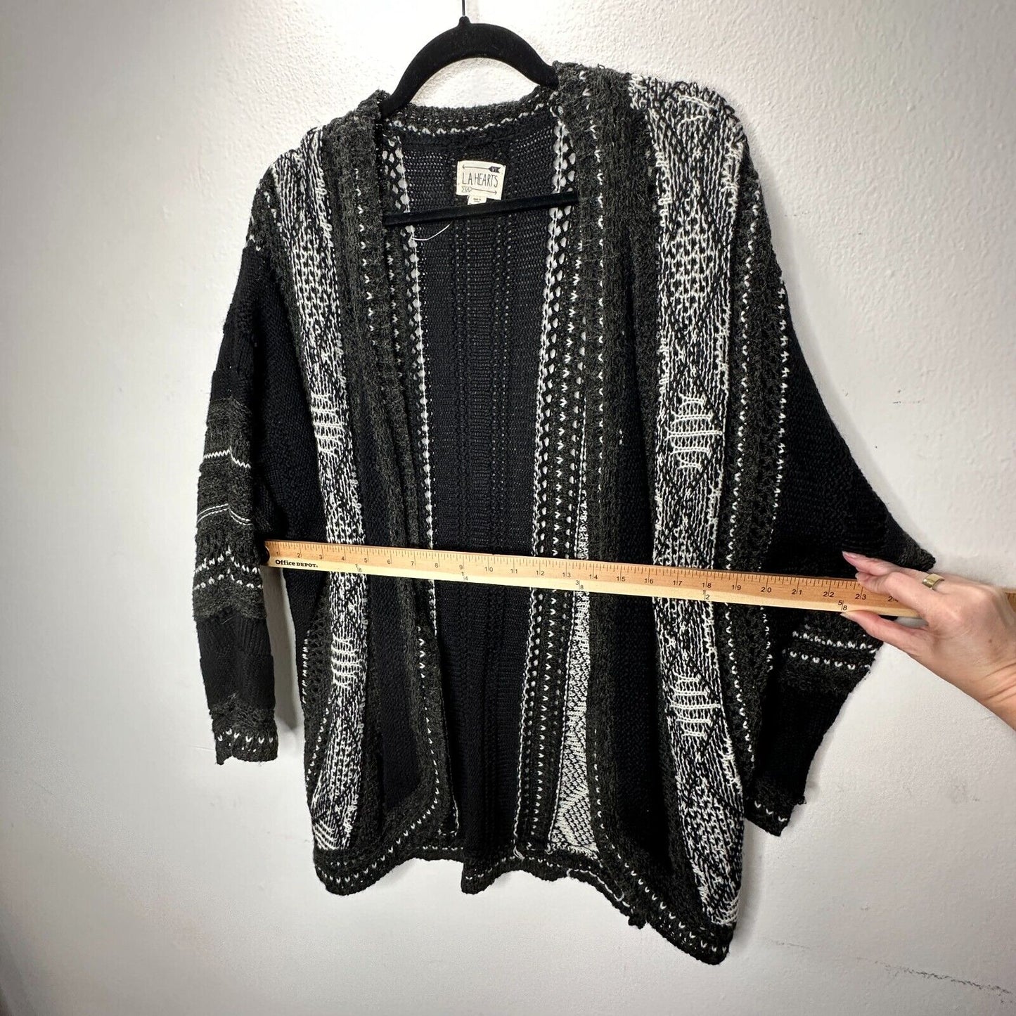 LA Hearts Black Gray and Cream Striped Knit Long Line Open Cardigan Sweater OS